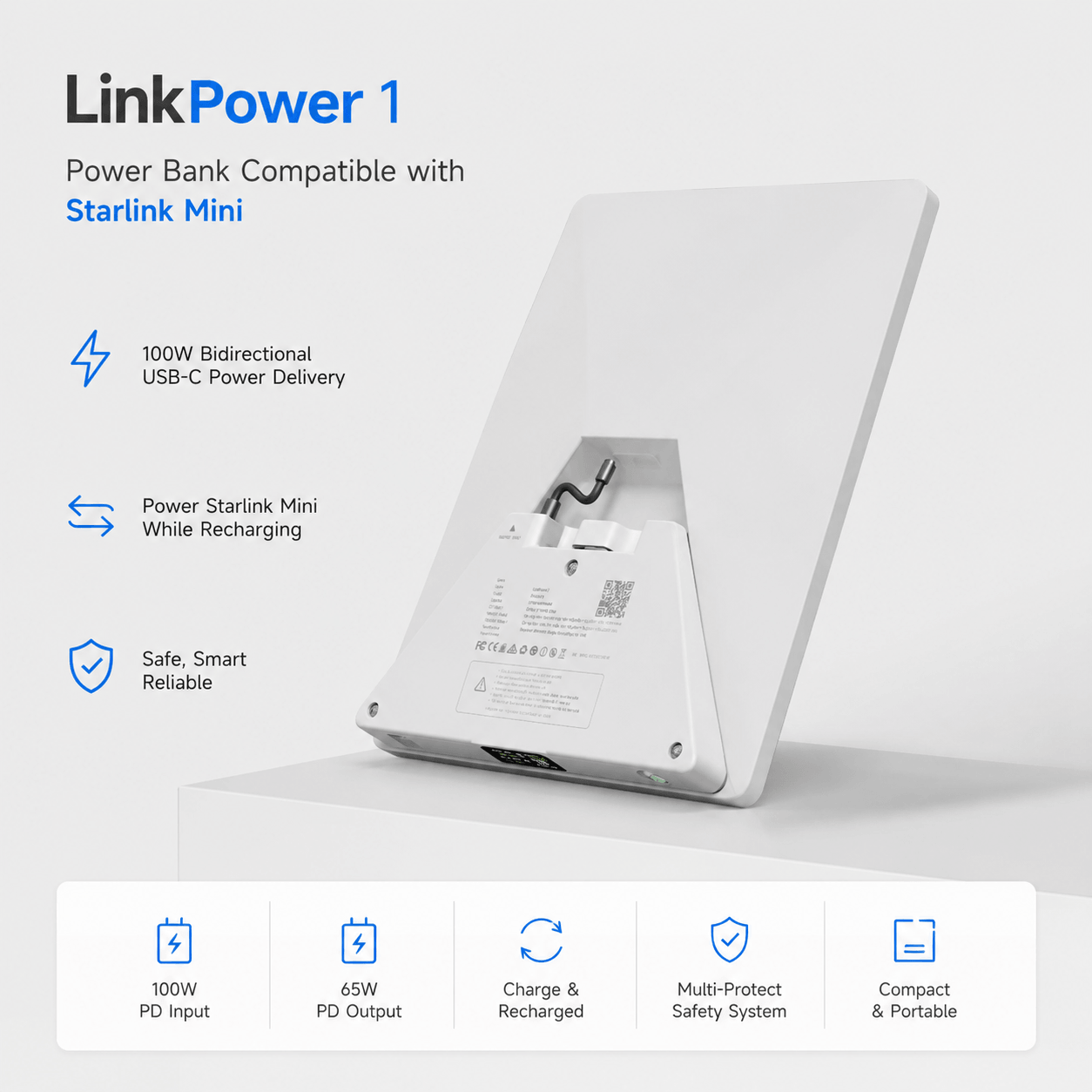 PeakDo LinkPower 1 Power Bank for Starlink Mini — snap-on portable battery pack