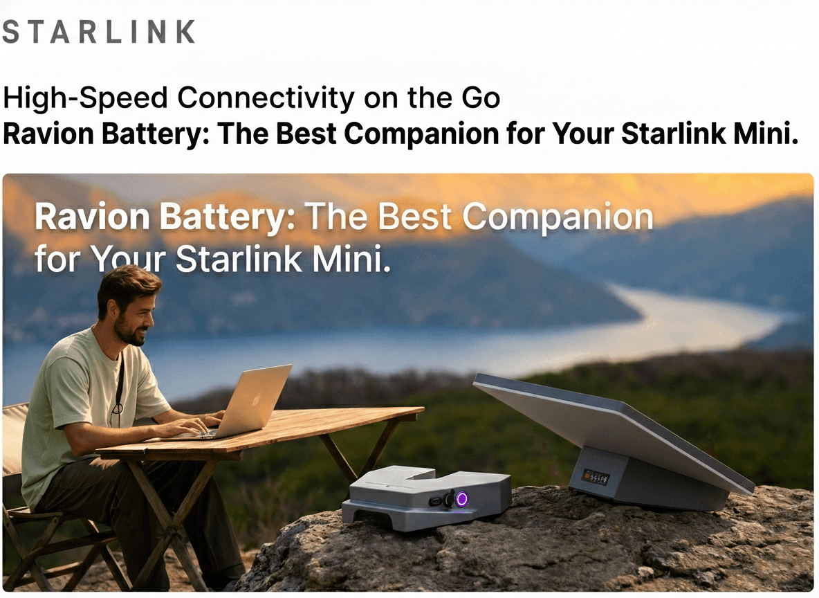 Ravion battery kit and Starlink Mini terminal on a mountain overlook with lake view — Internet on the go, power anywhere anytime
