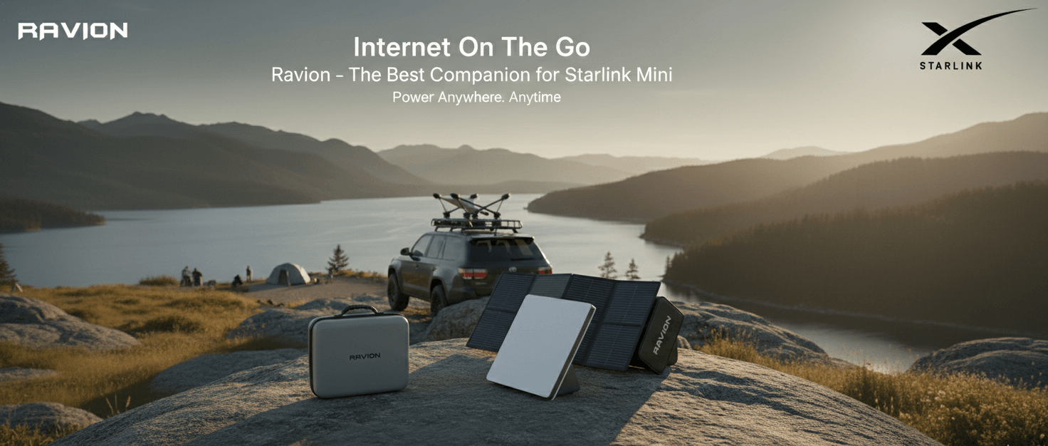Ravion battery, solar panel, and Starlink Mini at outdoor lakeside setup for remote work