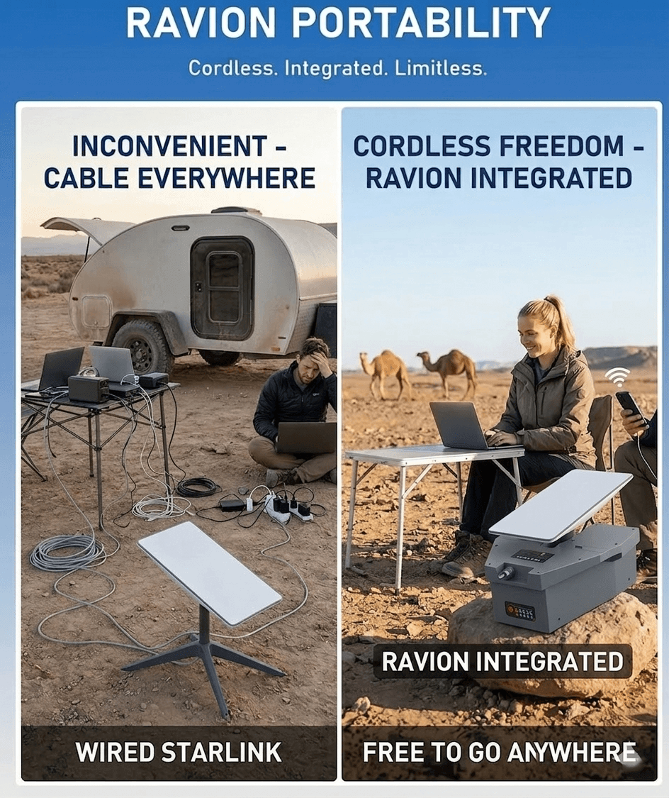 Side-by-side comparison: wired Starlink setup with cable clutter versus Ravion Integrated cordless setup — free to go anywhere