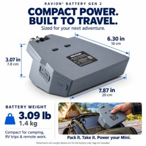 Ravion Battery Gen 2 dimensions 7.87 x 6.30 x 3.07 in (20 x 16 x 7.8 cm), weight 3.09 lb (1.4 kg)