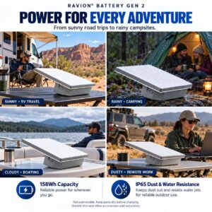 Ravion Battery Gen 2 powering Starlink Mini for RV travel, rainy camping, boating and remote work — 158Wh, IP65 dust and water resistance
