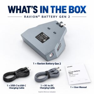 What is in the box: Ravion Battery Gen 2, USB-C to USB-C charging cable, DC-to-DC charging cable and user manual