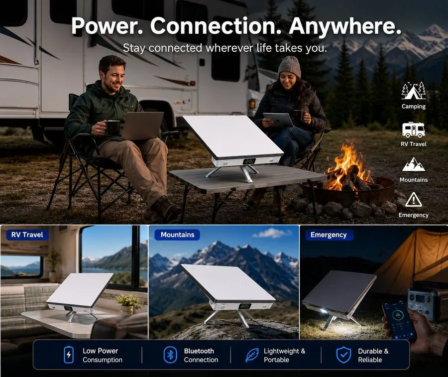 PeakDo LinkPower battery powering a Starlink Mini while camping, RV travel, in the mountains, and during emergencies
