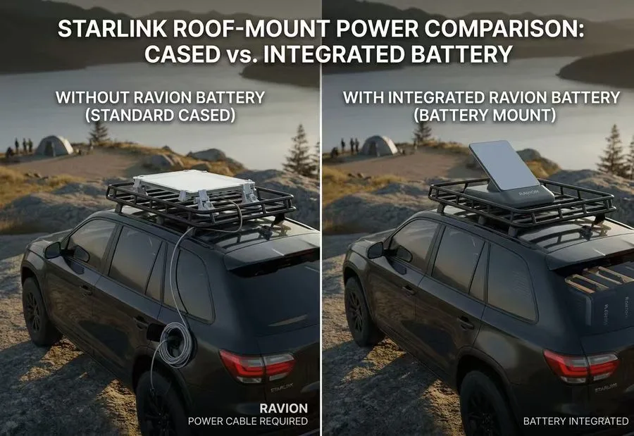 Starlink roof-mount power comparison — a standard cased setup needing a trailing power cable versus an integrated Ravion battery mount on a vehicle roof rack