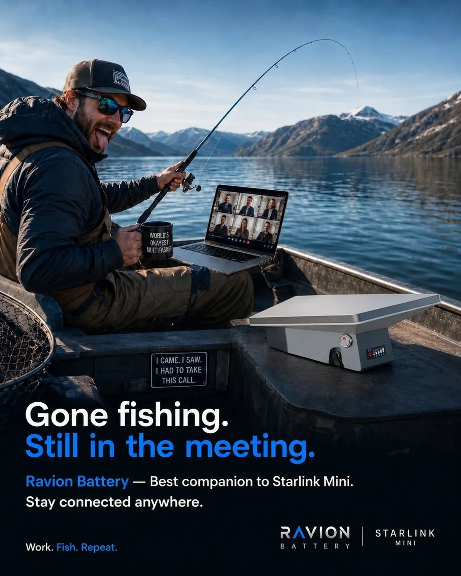 Ravion Battery for Starlink Mini — gone fishing, still in the meeting. Stay connected anywhere.
