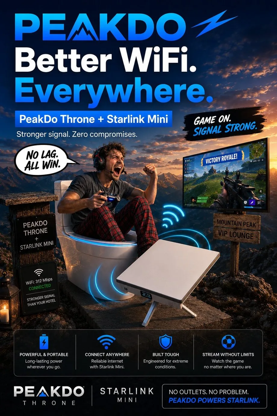 PeakDo Throne with Starlink Mini — better WiFi everywhere, stronger signal with zero compromises.
